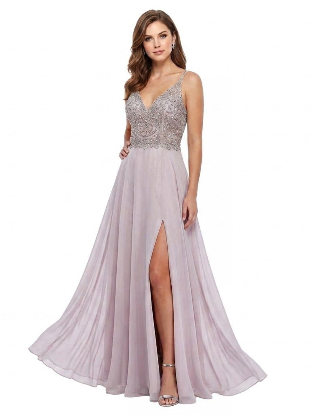 Xscape Bodice V-Neck Chiffon Evening Dress Pink/Silver Embellished Size 12